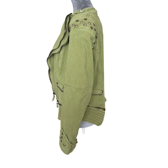 Green Studded Moto Jacket With Asymmetrical Zipper Womens M Cotton Blend Edgy De - Picture 5 of 9
